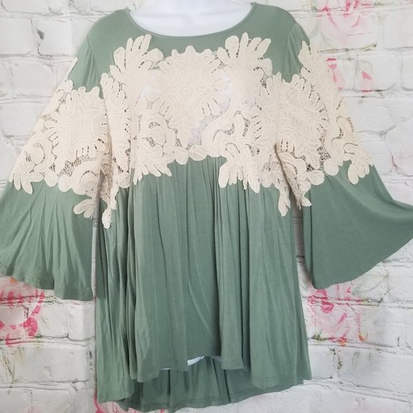 Umgee Tops - Umgee Green Boho Top Lace Crochet Detail Large